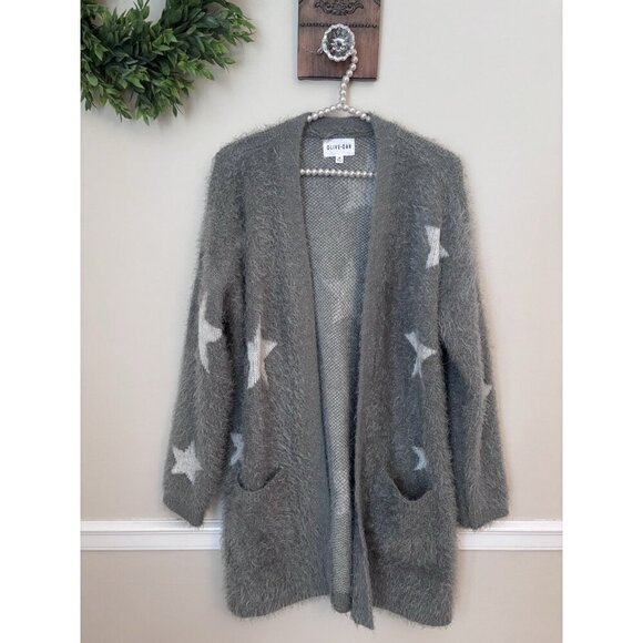 Olive+Oak Sweaters - Olive+Oak Womens Size M Green Fuzzy Soft Cardigan Sweater White Stars
